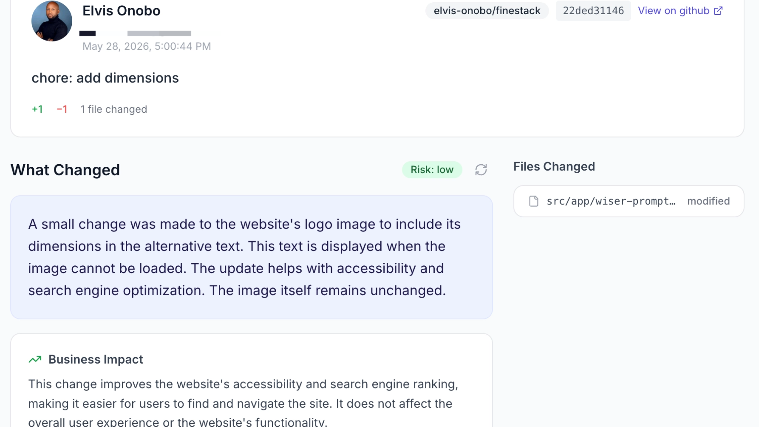 Commit detail page showing AI explanation panel with summary, business impact, risk level, and key points