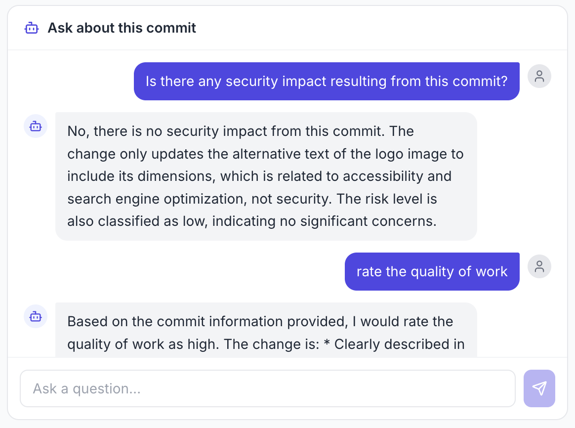 Commit chat showing a conversation with the AI about the commit details and implications