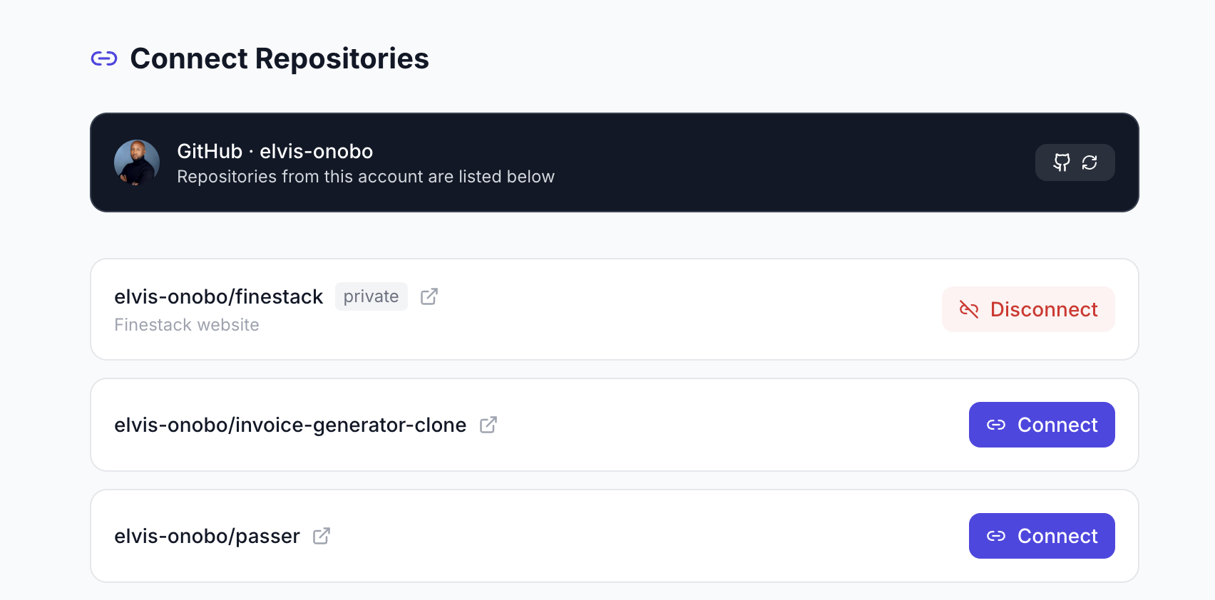 Connect page showing GitHub repos with connect/disconnect options
