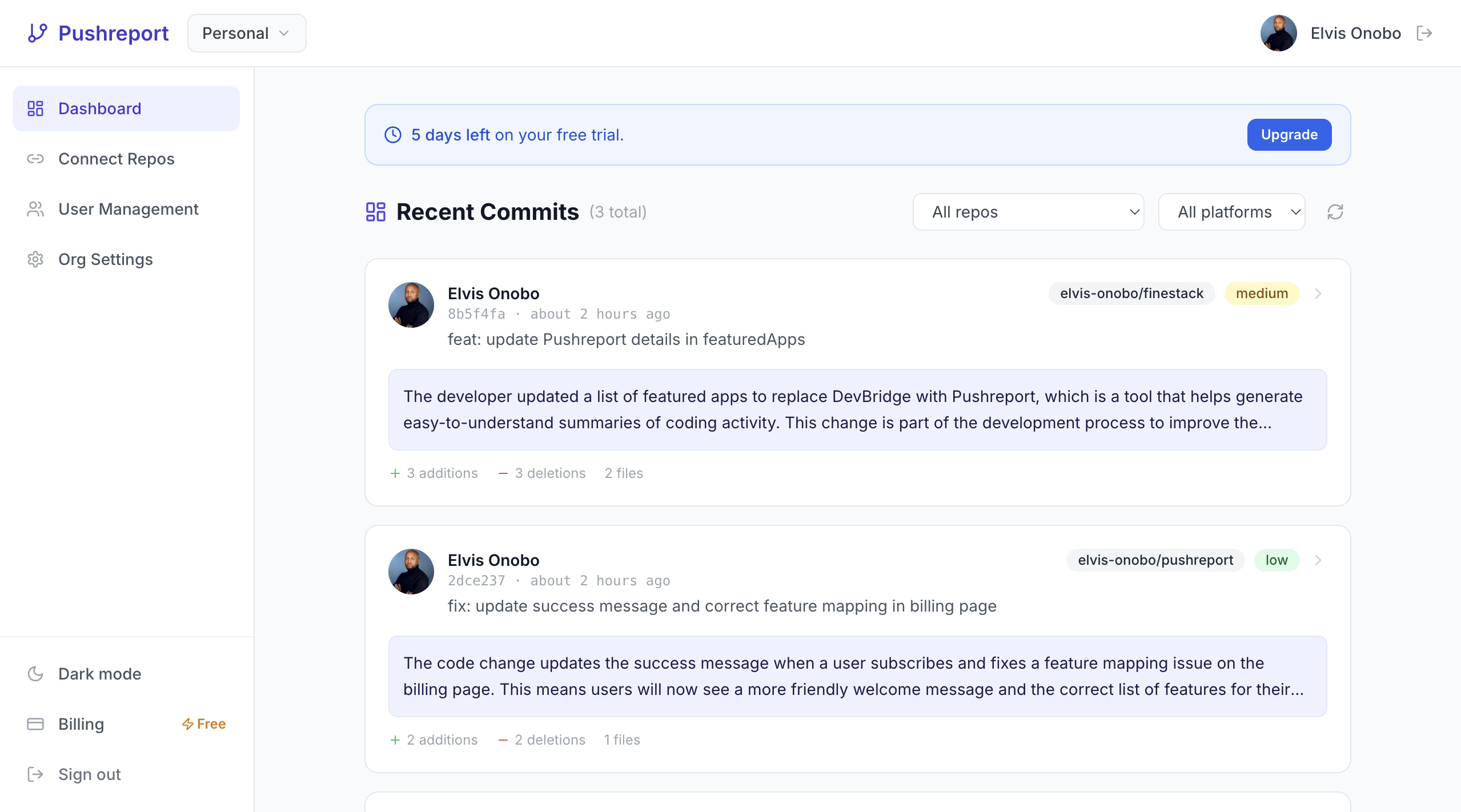 Dashboard showing commit feed