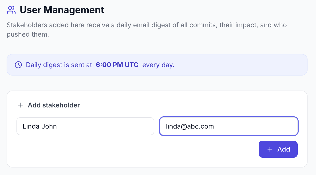 Daily digest email sent to your inbox every morning with summaries of all commits from the previous day